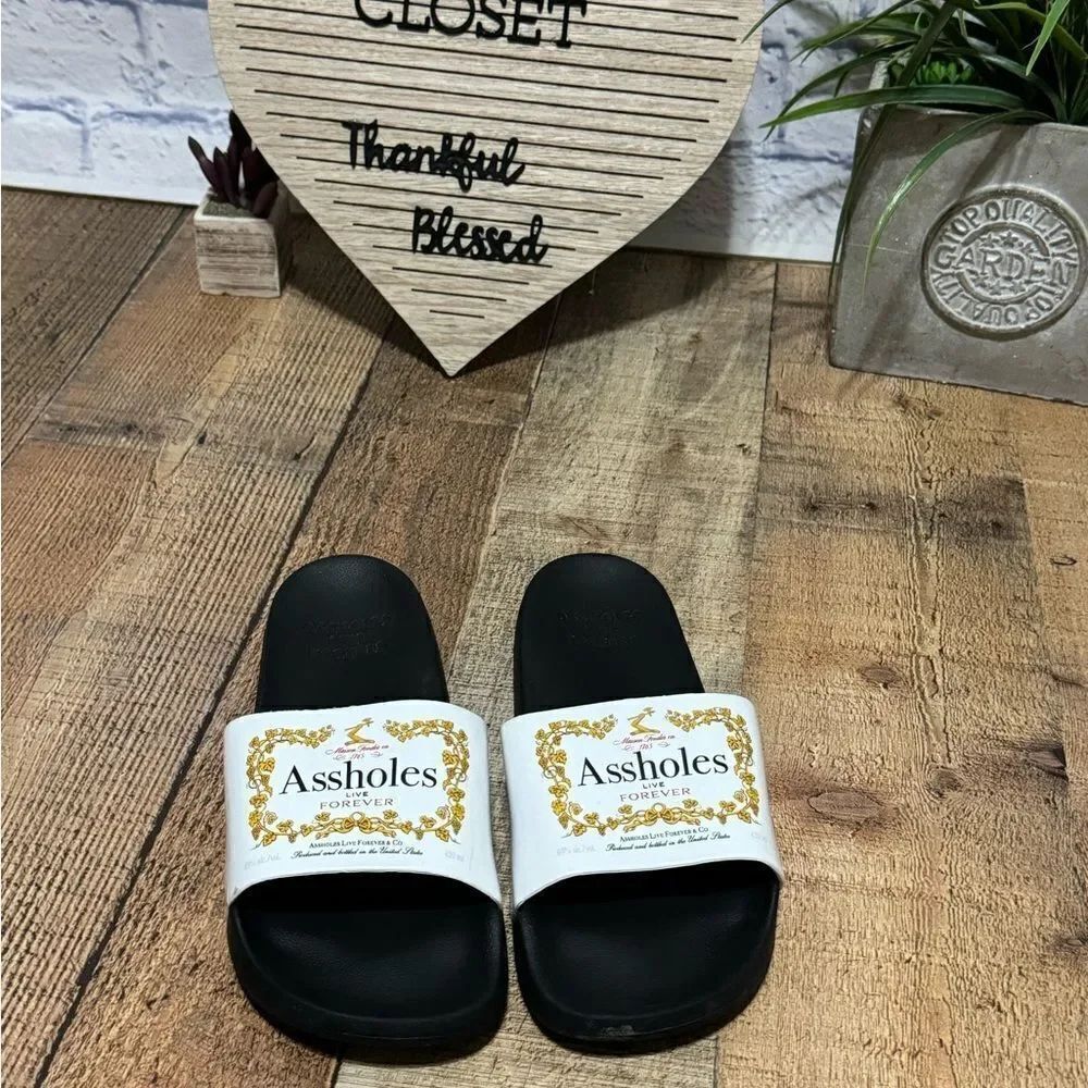 A**holes Live Forever Black/White Super Soft Slides 7